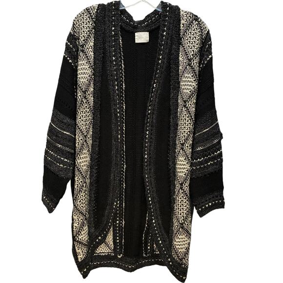 Lush Cardigan Open Front Wool Blend Long Sleeve Knit Sweater Black Cream Womens - Picture 1 of 6